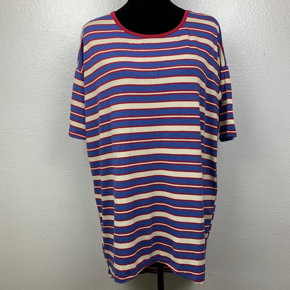 LuLaRoe Irma Tunic Shirt  Blue Red‎ Cream Strip